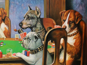 Cassius Marcellus Coolidge, Un amigo en necesidad (detalle) (1903), Serie Perros jugando al póker