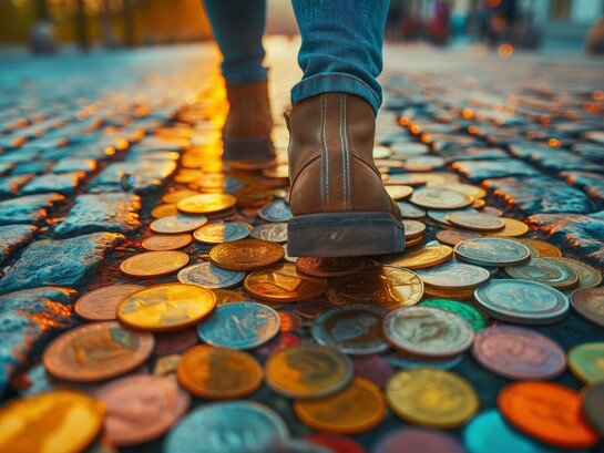 A figure treading on scattered coins, illustrating the commodification of progress and success