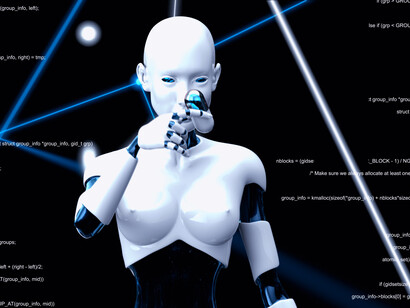 Androide femminile, sullo sfondo frammenti di codice e fasci di luce 