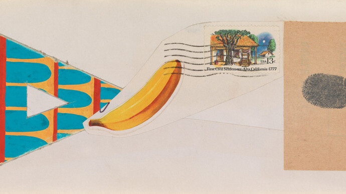 Ray Johnson, Untitled [Back of envelope with collage of stamp, letter A, banana and fingerprint] (detail), n.d. Courtesy of San Francisco Museum of Modern Art
