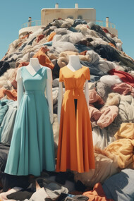 Fast fashion's environmental damage showcased through a pile of clothing in nature