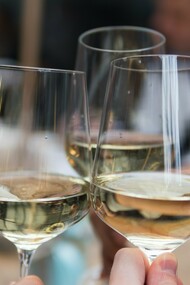 Three friends toast to a glass of white wine