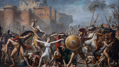 Jacques-Louis David, "La intervención de las Sabinas",  óleo sobre lienzo neoclásico terminado en 1799. La pintura representa el momento en que, mucho tiempo después del rapto, romanos y sabinos se enzarzaron en guerra y las sabinas, a la sazón hijas y hermanas de sabinos, pero esposas y madres de romanos, intervinieron para detener la guerra