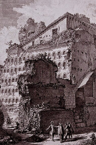 Veduta esterna delle tre Sale sepolcrali, credute della Famiglia d'Augusto, 370 x 500 mm.  Retrieved from Ficacci, L. (2022). The Antiquities of Rome. In Piranesi: The Complete Etchings (p. 230)