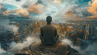 A surreal palace of wealth rises from illusion — built not on production, but on speculation, debt, and systemic extraction