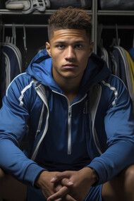 A young athlete sits in locker room showing determination and focus that drive not only performance but also financial strategy 