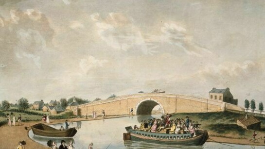 A view of the first Bridge at Paddington, and the Accommodation Barge going down the Grand Junction Canal to Uxbridge © The British Library Board