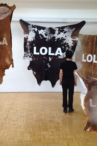 Stefano Cagol, The Cow Lola, 2010. Installazione site-specific, 6 pellami di diversi animali rasati e dipinti, dimensioni ambientali. Collezione privata Innsbruck