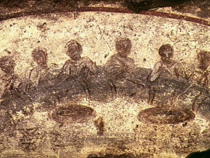 Pittura di una agape, III secolo, catacomba paleocristiana di San Callisto, Roma, Italia