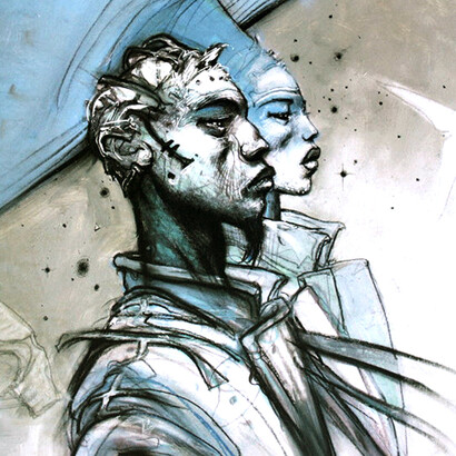 Enki Bilal, The Year 2001, framed print, 30 × 30 cm, a compelling piece that captures the artist’s dystopian vision of the future, blending bold graphic imagery with his distinctive cinematic and narrative style