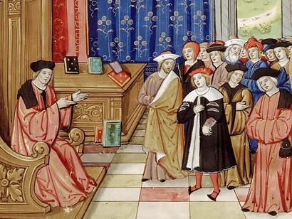 Étienne Colaud, "Giovanni di Salisbury che insegna filosofia", frontespizio in miniatura del "Policraticon" di Giovanni di Salisbury, 1520-25