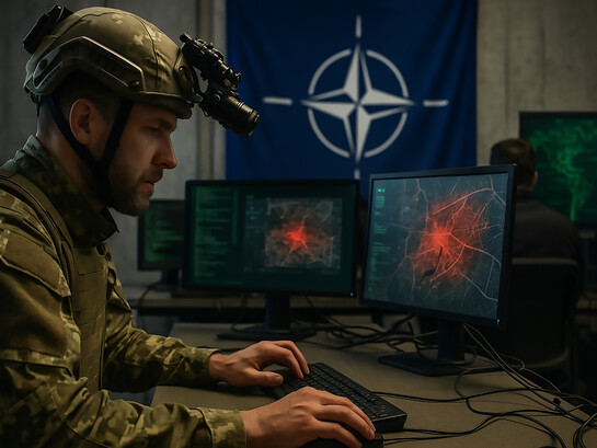 A NATO cyber defense officer monitors digital threats during a simulated hybrid warfare scenario, reflecting the Alliance’s frontline role against cyberattacks and disinformation