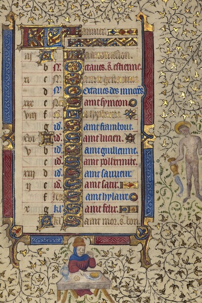 "Pagina del calendario di gennaio; Festeggiamenti; Acquario". Seguace del Maestro Egerton (francese, olandese, attivo dal 1405 al 1420 circa). Dal "Libro delle Ore", conservato al Getty Museum, Los Angeles, USA