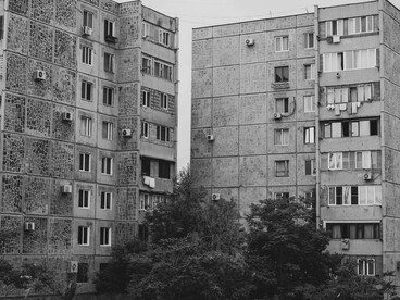 Black-and-white photograph of Soviet city apartment buildings in Russia