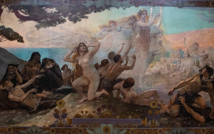Georges Antoine Rochegrosse (1859–1938)
"El canto de las musas despierta el alma humana"
Fresco en la escalera principal de la Biblioteca de la Sorbona en 1898, París, Francia