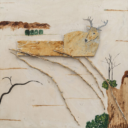 Ronald Lockett, Escape, c. 1990, oil, enamel, metal, branches on wood panel. Courtesy of Cary Whittier and MARCH