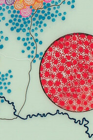 Tiffany Chung. Detail. UNHCR Red Dot Series - Tracking the Syrian Humanitarian Crisis - April-December 2012  (detail), 2014–15, part of “The Syria Project,” 2014, oil and ink on vellum and paper, nine works- 21 x 30 cm each