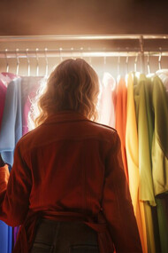 A woman sorting her wardrobe, preparing for the season