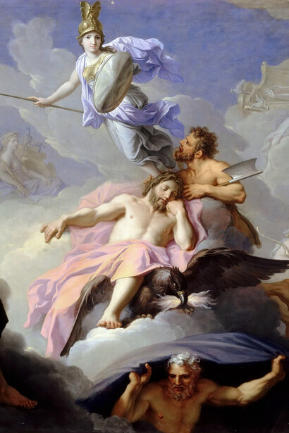 René-Antoine Houasse, El nacimiento de Minerva (c. 1680, detalle que incluye, entre otras, las figuras de Minerva, Júpiter y Vulcano)