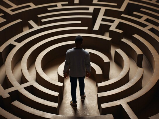 Caught in the maze of fear, the individual stands between paralysis and possibility