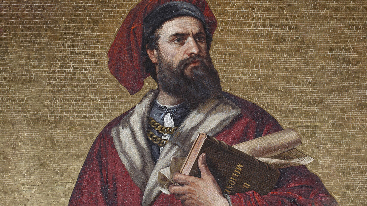 Mosaico de Marco Polo sosteniendo un ejemplar de "Il Milione" (1867), Palacio Tursi, Génova, Italia