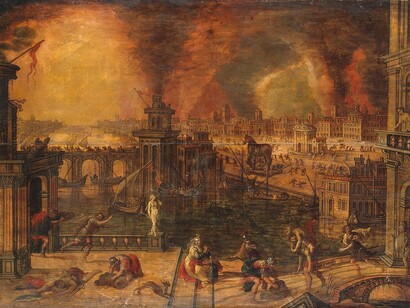 Kerstiaen de Keuninck, Il fuoco di Troia, olio su tavola, seconda metà del XVI secolo, 
Hermitage Museum, San Pietroburgo, Russia