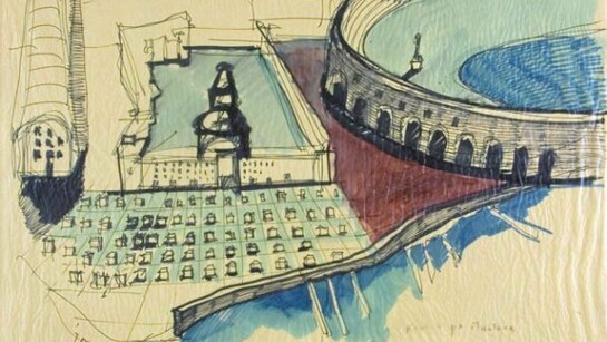 Aldo Rossi, Studio per Mantova, 1981 china, pennarello acquerellato su carta Raccolta del disegno, Galleria civica di Modena © Eredi Aldo Rossi