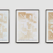 Untitled, 2014, 11 Framed prints Kool-Aid, acrylic, 7.66 oz of walnut shell powder, and ink on paper + Chromogenic print, 32 1/8 x 22 5/8 inches. Courtesy of the artist and Miguel Abreu Gallery, NY
