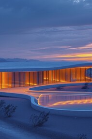A futuristic building that seamlessly blends into a desert terrain, symbolizing a vision of coexistence between design and the environment