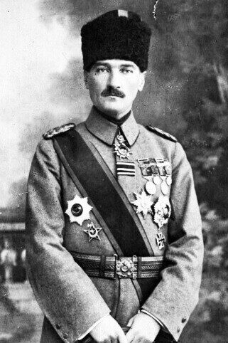 Portrait of Kemal Pasha (later known as Atatürk, "father of the Turks"). He wears the Gallipoli Star and Balkan Medal
