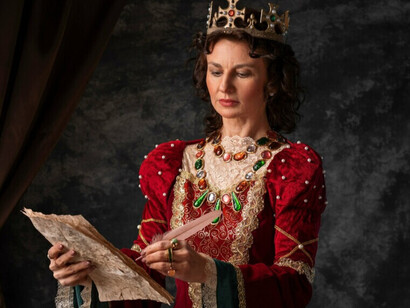 Une reine contemple un document ancien, symbole du dialogue entre passé et mode contemporaine