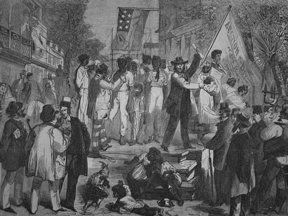 Engraving of a slave auction in the U.S. South published in Harper's Weekly, July 13, 1861, depicting slave traders, prospective buyers, and African men, women, and children