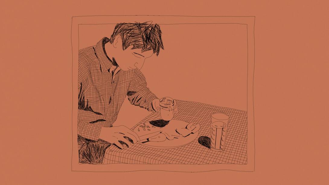 Drawing of "Eating my words" by Bruce Naumann, 1966–1967