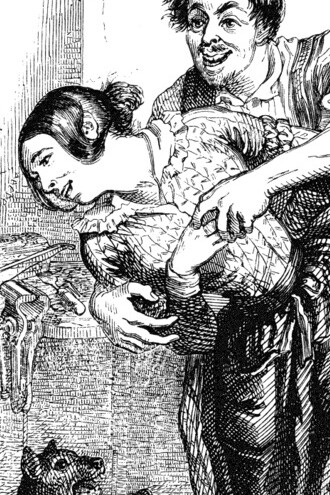"Juego de manos, juego de villanos", del libro "Cien refranes" de Granville (Jean-Ignace-Isidore Gérard), 1845