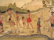 Schizzo ad acquerello di otto nativi americani di varie tribù e un ragazzo di origine africana nel 1735. I francesi affrontarono la reticenza culturale dei nativi americani e per compensare importarono africani per la manodopera. Realizzato dall'artista francese Alexander de Batz (1685-1759)