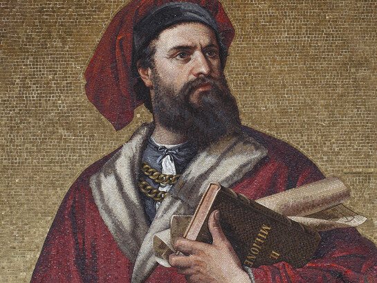 Mosaico de Marco Polo sosteniendo un ejemplar de "Il Milione" (1867), Palacio Tursi, Génova, Italia