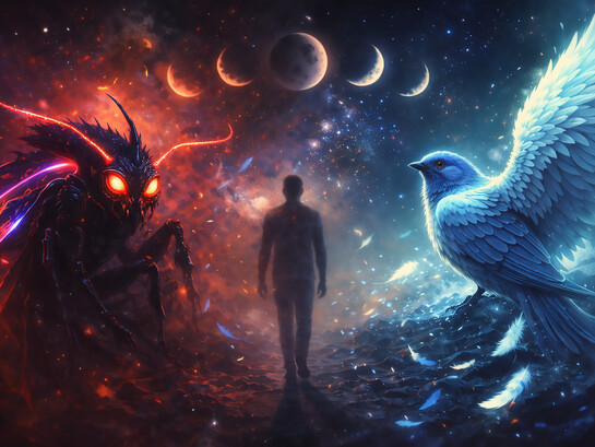 Between neon darkness and feathered light, love mutates into monsters and angels as the self walks through shifting moons, grief, and fragile hop