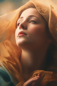 AI-generated image of a young adult woman wearing a religious veil, praying outdoors in a scene depicting saintly grace, generosity, and selflessness