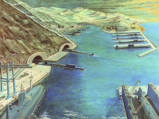 An artist's impression of a Soviet ballistic missile submarine base from the 1980s