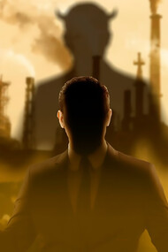 Silhouette of a man with devil horns in dark shadows, symbolizing temptation and spiritual struggle