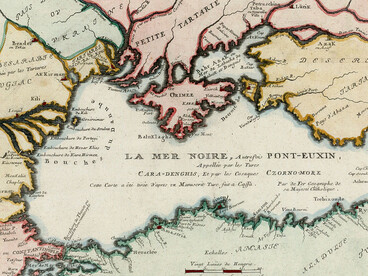 The Black Sea: Historical Names and Origins
Once known as Pont-Euxin, the Black Sea was called "Cara-Denghis" by the Turks and "Czorno-More" by the Cossacks. This map was drawn from a Turkish manuscript created in Cassa, 1705