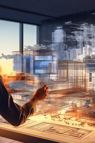 Architect using VR glasses to work on a project with advanced 3D technologies