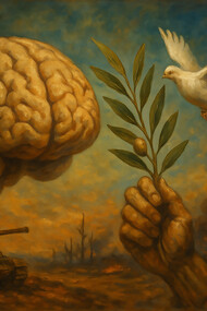 A fragile dove rises with an olive branch against the backdrop of war and ruin, symbolizing the struggle between destruction and the enduring hope for peace