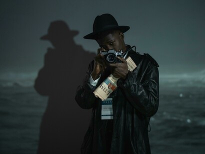 A journalist in a black hat and leather jacket holding a camera, symbolizing the risks and darker pressures of reporting close to power