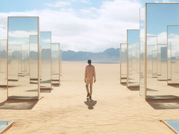 A lone figure walking through mirrored frames, echoing the passage into higher perception