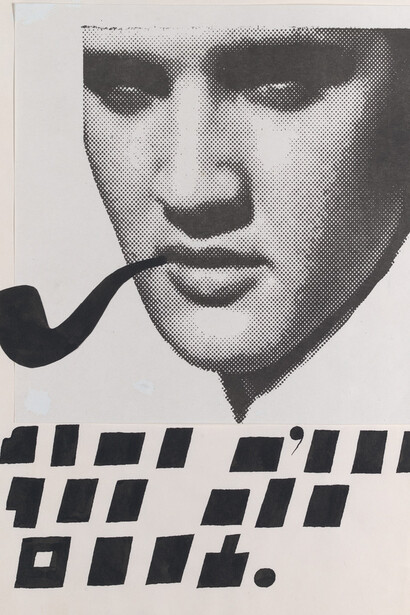 Ray Johnson, Untitled,  [Halftone of Elvis Presley's face, smoking pipe added, blocks below], n.d. Courtesy of San Francisco Museum of Modern Art