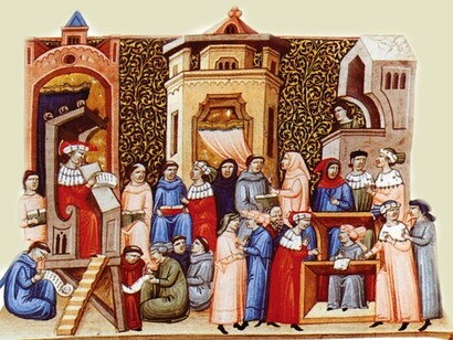 Miniatura italiana che ritrae una lezione universitaria durante il Medioevo. XIV secolo, 
Bibliothèque Municipale in Cambrai, Francia
