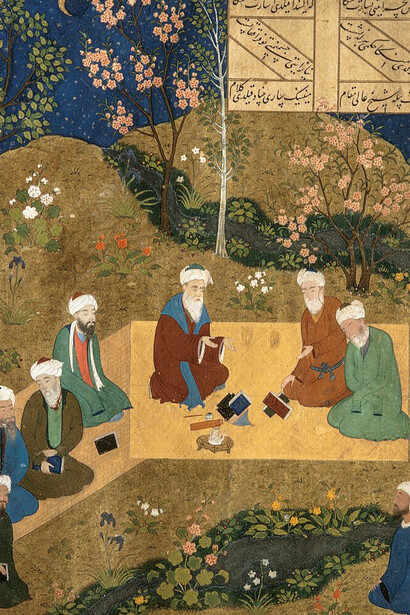 Mystics in a garden, from the Sadd-i Eskandar by 'Alishir Nava'i. An attribution to the "slave Qasim ‛Ali" between the lines of text. Opaque watercolor and gold on paper. Chaghatai, nastaliq script. Herat, c. 1485. Bodleian Library, Elliott 339, fol. 95v