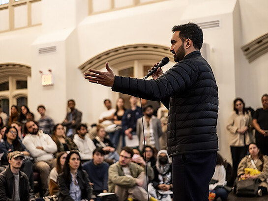 Zohran Mamdani speaking at a DSA 101 meeting at the Church of the Village in New York City, US