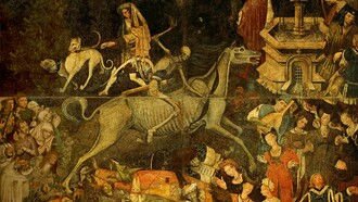 "Trionfo della Morte", 1440-50 circa. Opera di pittori probabilmente franco-fiamminghi o iberici, comunque inseriti nell'ambito del gotico internazionale. Affresco con finiture a tempera, eseguito per l'Ospedale insediato a Palazzo Sclafani a Palermo, Italia